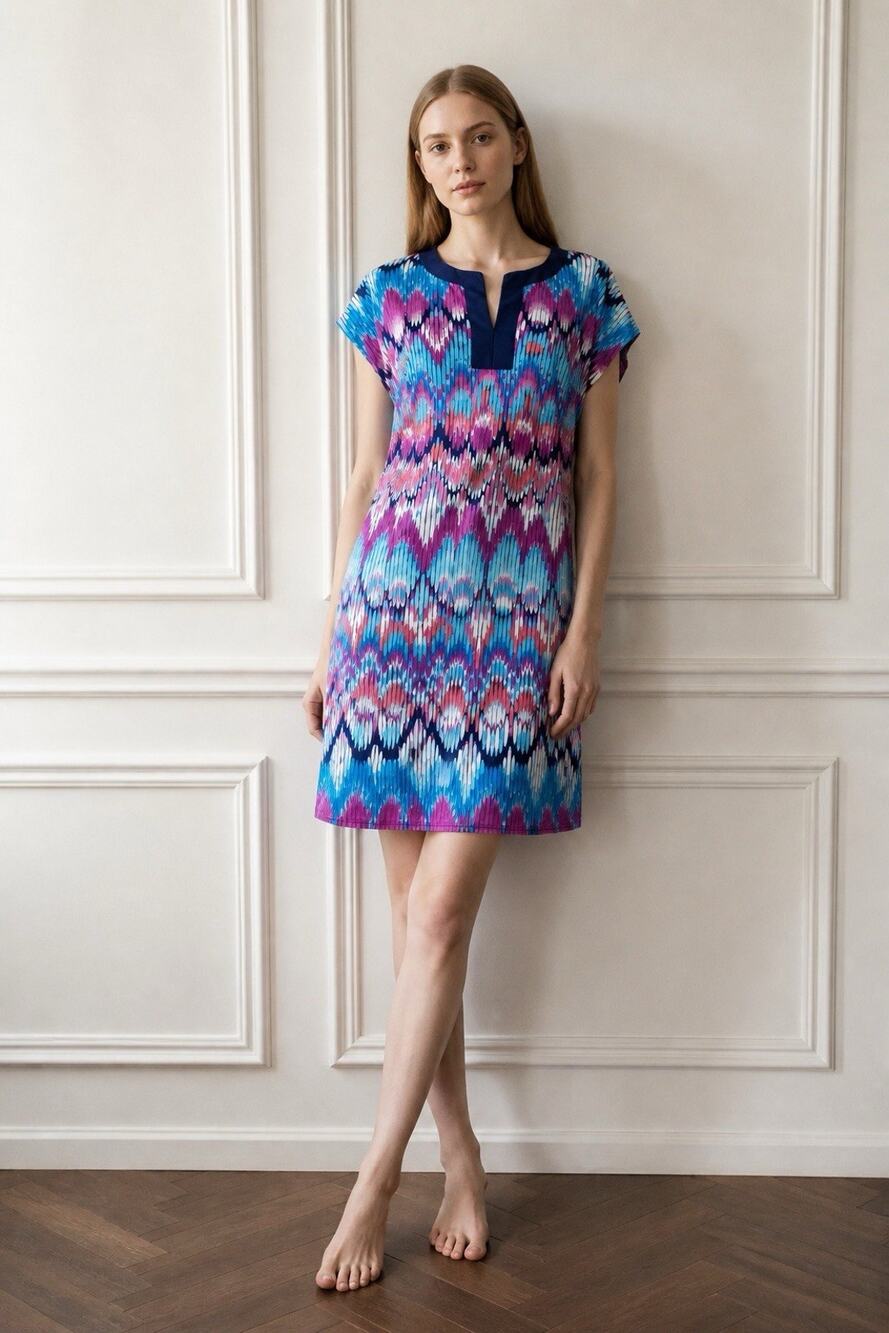 Laundry by Shelli Segal Women's Blue Pink Abstract Tunic Shift Dress Stretch M